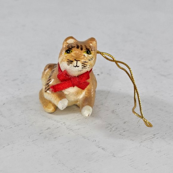 Vintage Cat Ornament Orange Tabby Hand Painted Folk Art - Picture 2 of 10